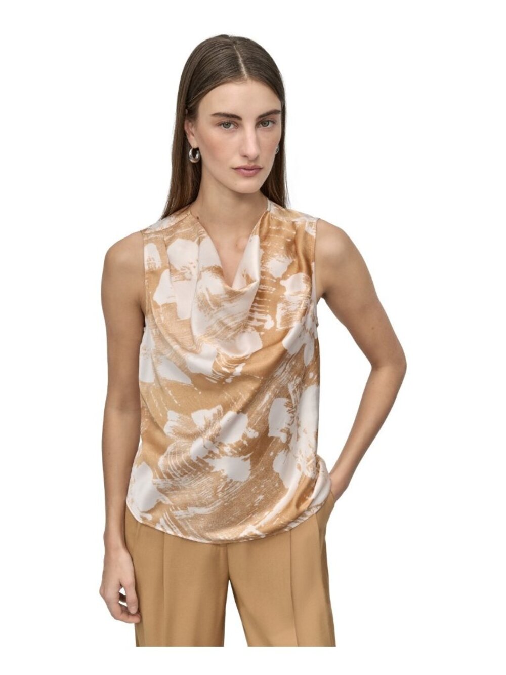 DKNY Petiten Size PL Printed Sleeveless Cowlneck Polyester Top Light Brown $59